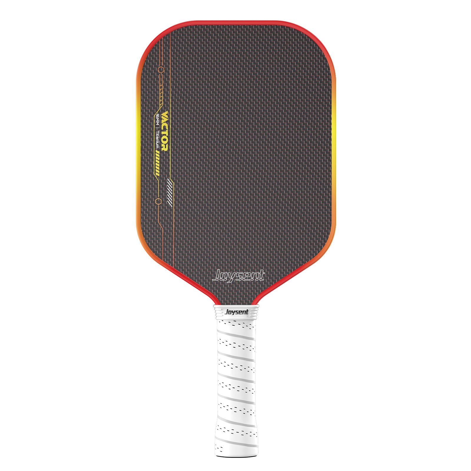 A Joysent pickleball paddle with a black textured paddle face, a red and orange border, yellow accents, and a white wrapped handle, shown against a plain white background.