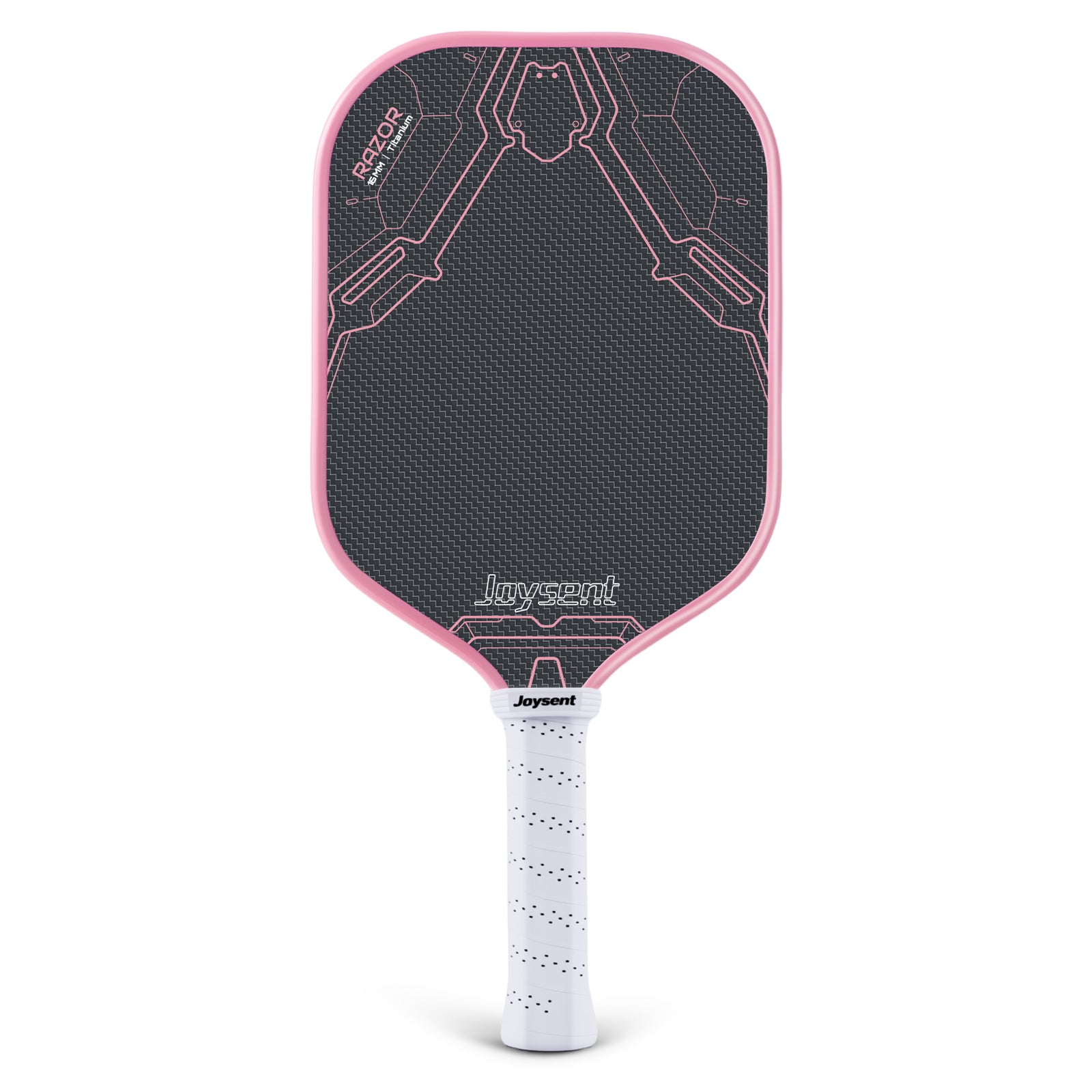Pink and black pickleball paddle with white handle on a white background