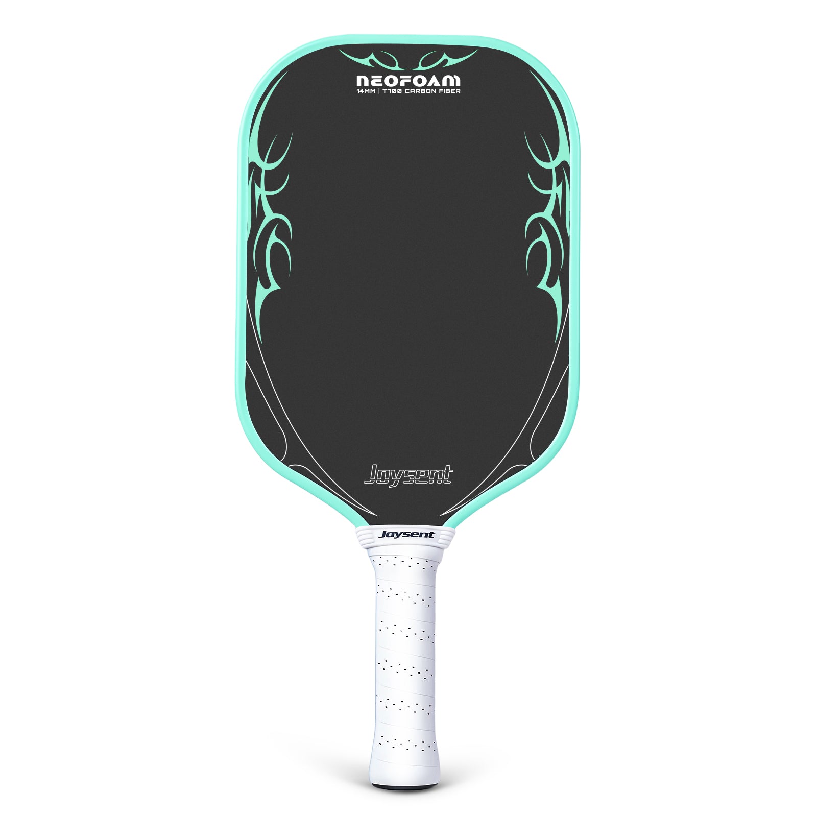 Pickleball paddle with black face, turquoise rim, and white handle on a white background