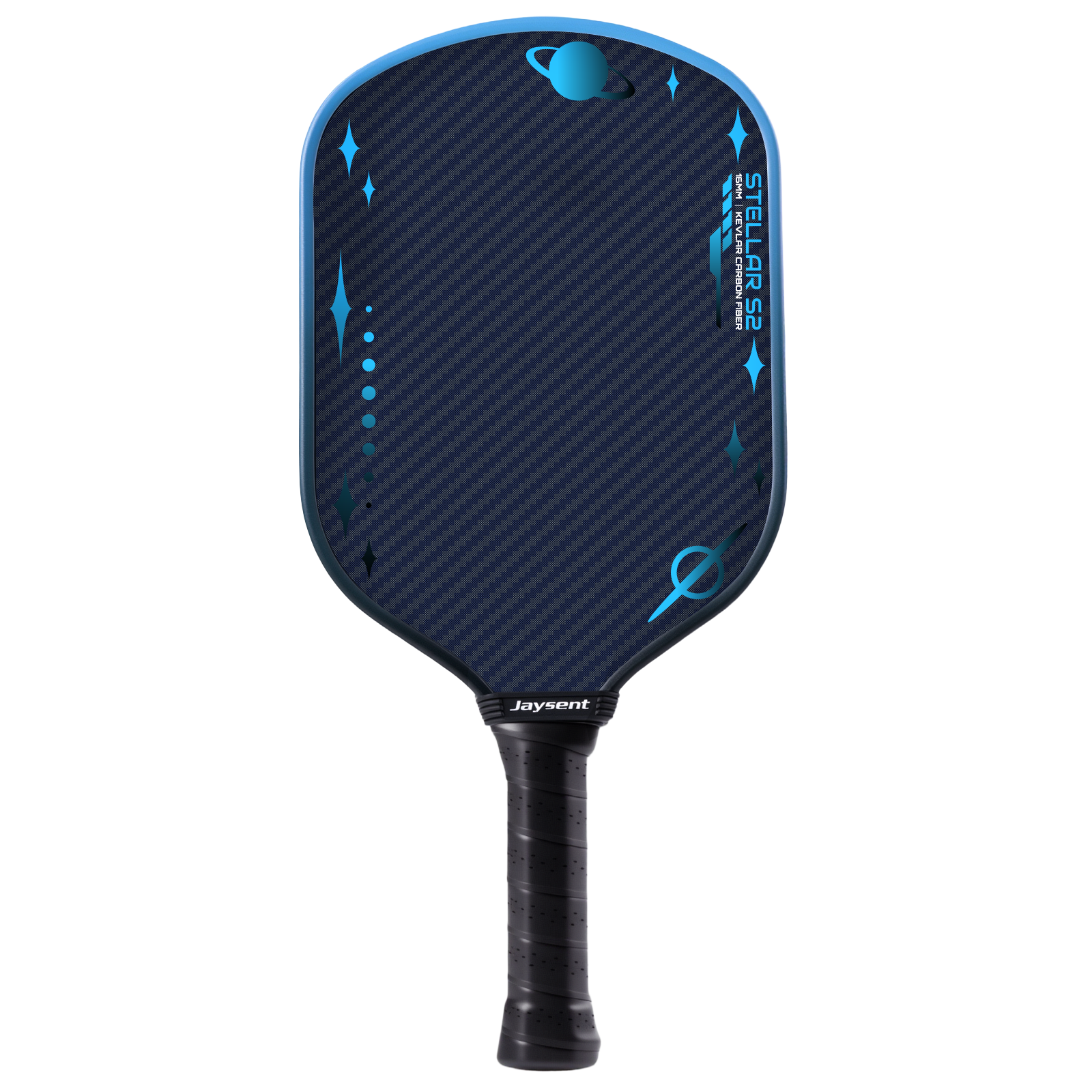 Blue pickleball paddle with star and planet design on a white background