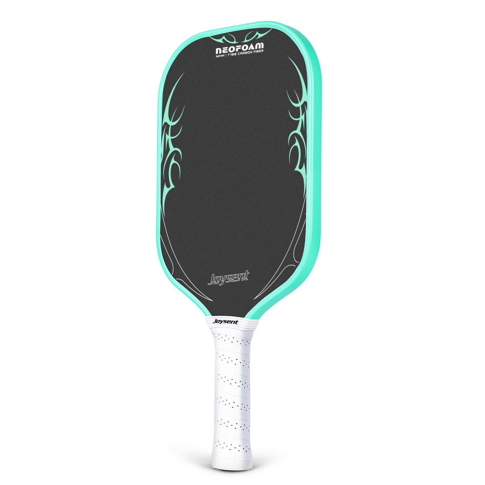 Pickleball paddle with black face and turquoise rim on a white background