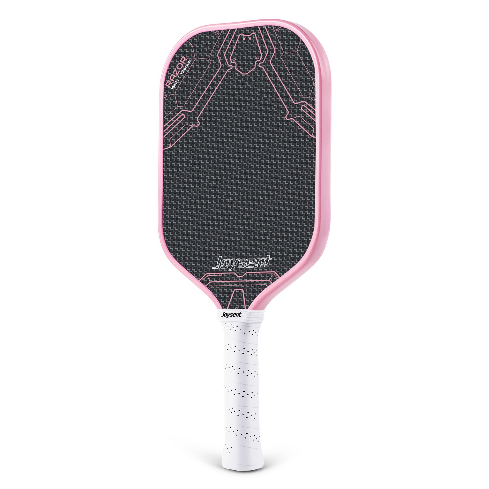 Pickleball paddle with pink rim and white handle on a white background