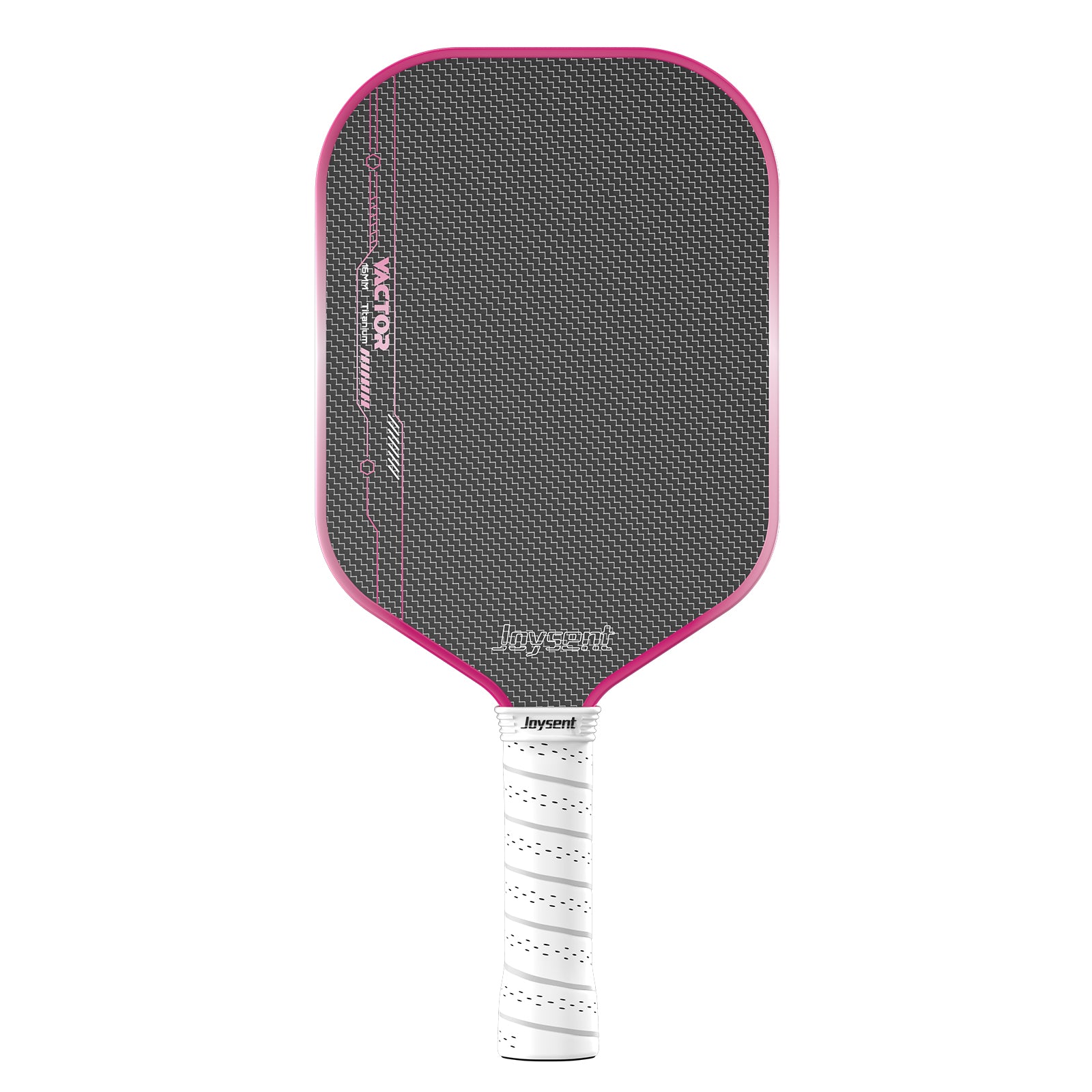 A Joyent M602 pickleball paddle with a dark gray textured paddle face, a vibrant pink border, and a white wrapped handle, shown against a plain white background.