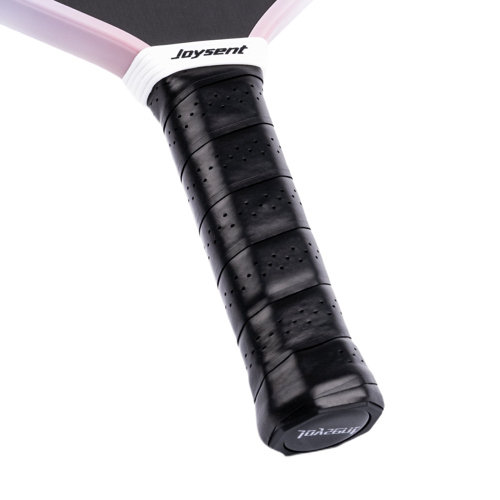 Close-up of a tennis racket handle with 'Joyset' branding on a white background
