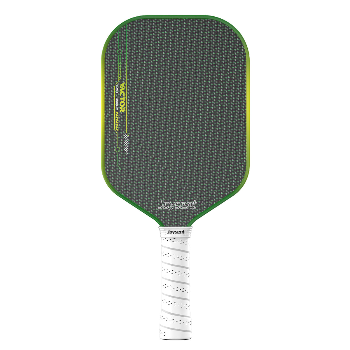 A Joysmart pickleball paddle with a dark gray textured paddle face, a vibrant green and yellow border, and a white wrapped handle, shown against a plain white background.