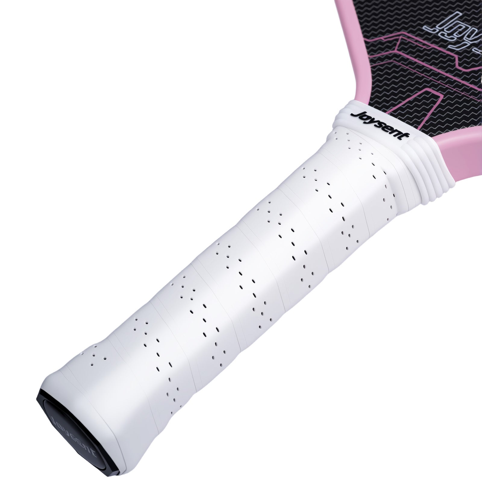 Close-up of a white tennis racket grip with 'Joystrong' branding on a white background