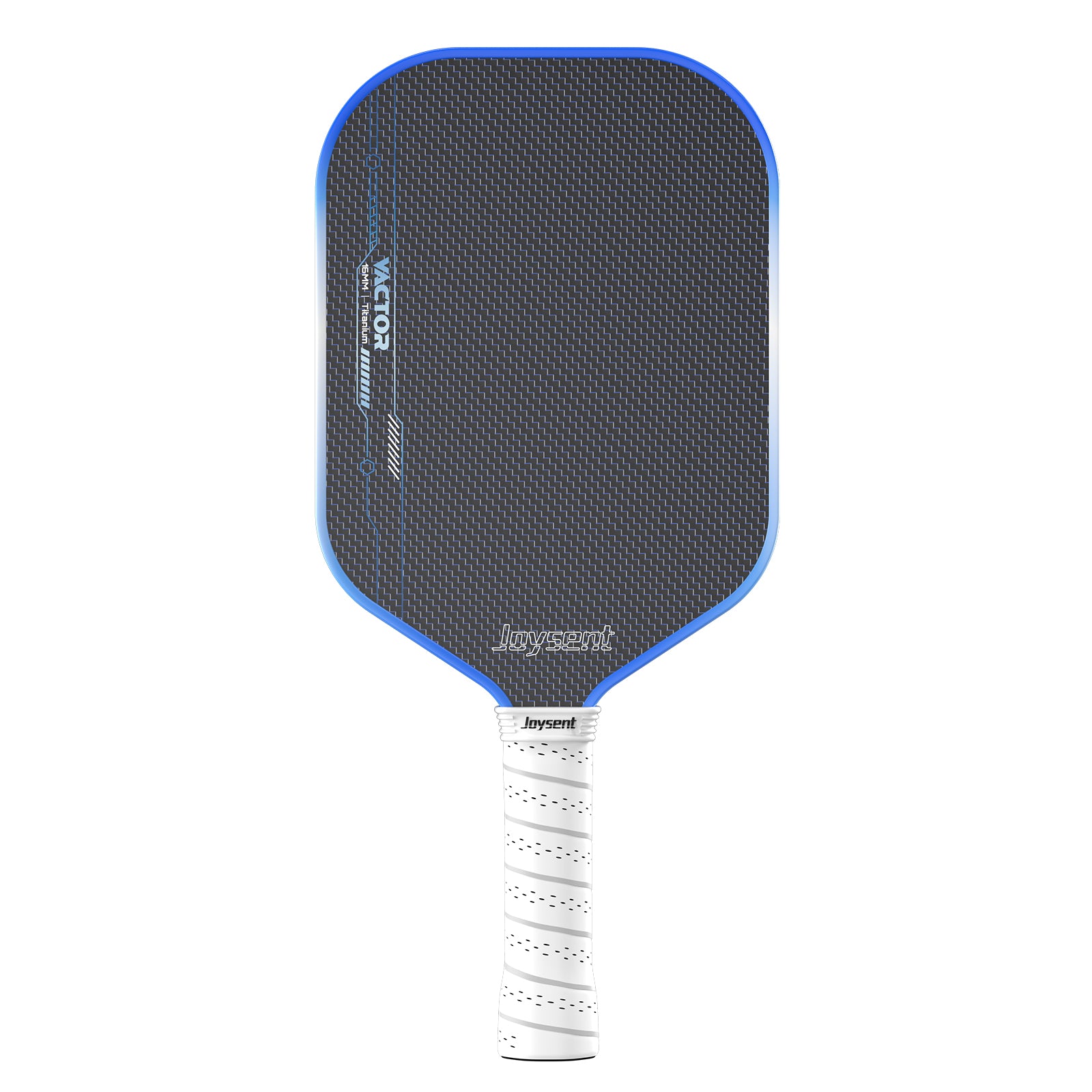 A Joysent pickleball paddle with a dark gray textured face, blue trim, and a white wrapped handle, shown against a plain white background.