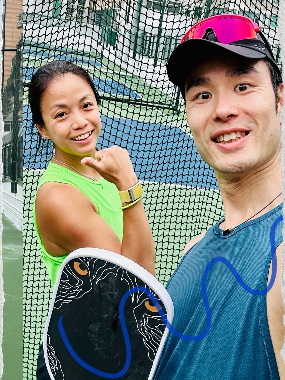 Two people on a tennis court with a racket, wearing sports attire.