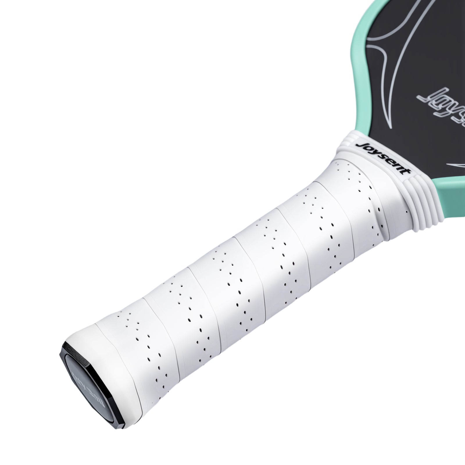 Close-up of a paddle with a white grip and black and teal design on a white background