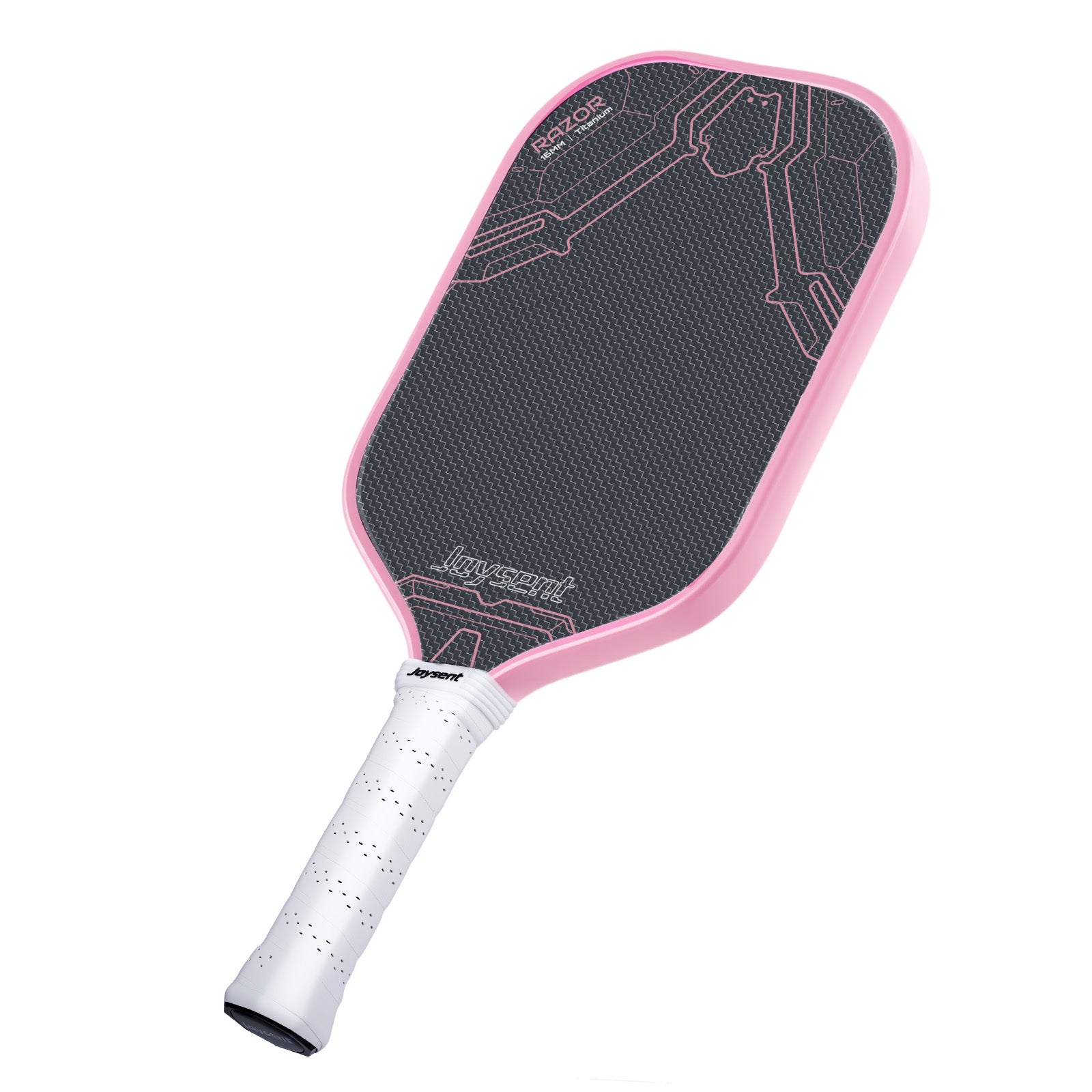 Pickleball paddle with pink rim and white handle on a white background