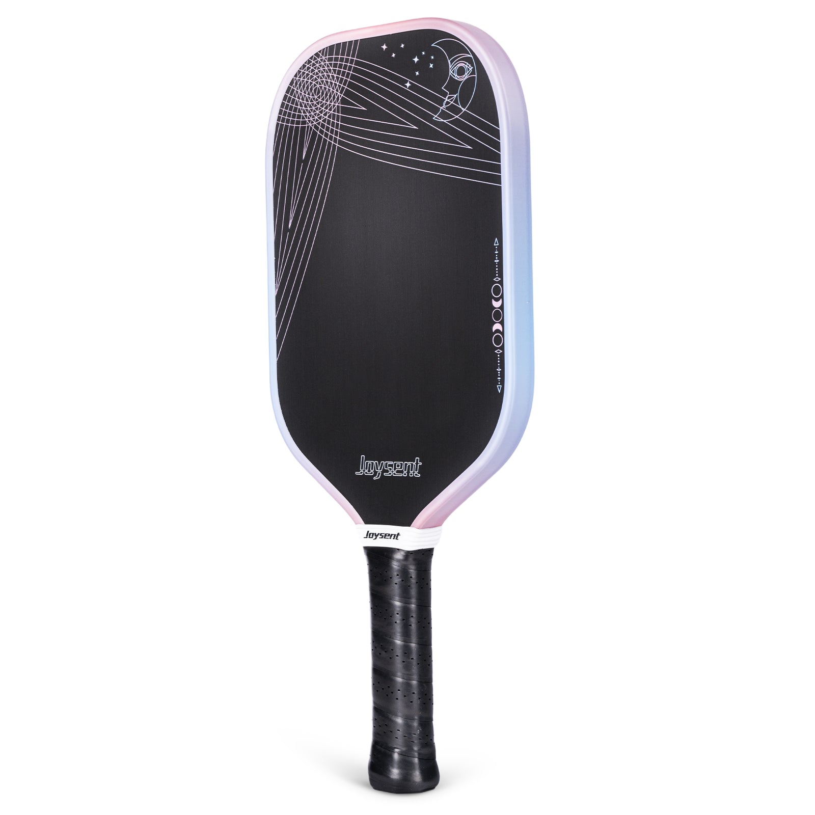 Pickleball paddle with black and pink design on a white background
