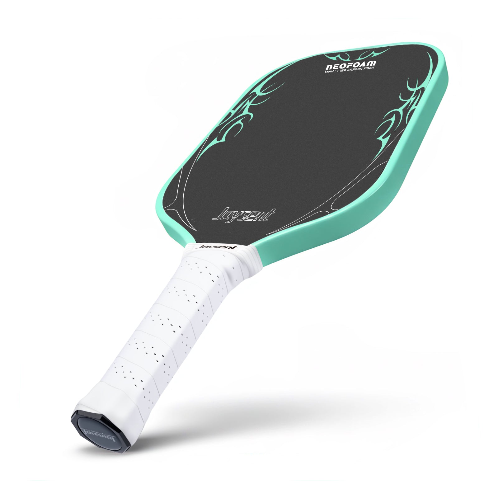 Pickleball paddle with black and teal design on a white background
