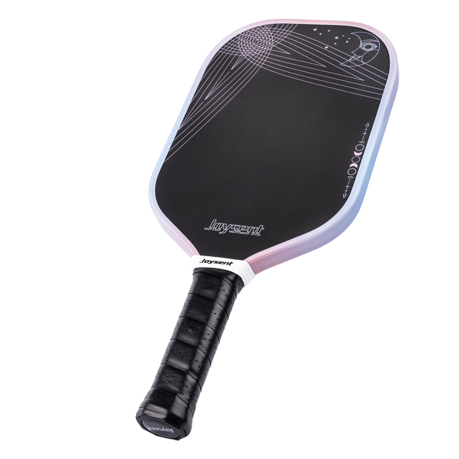 Pickleball paddle with black and pink design on a white background
