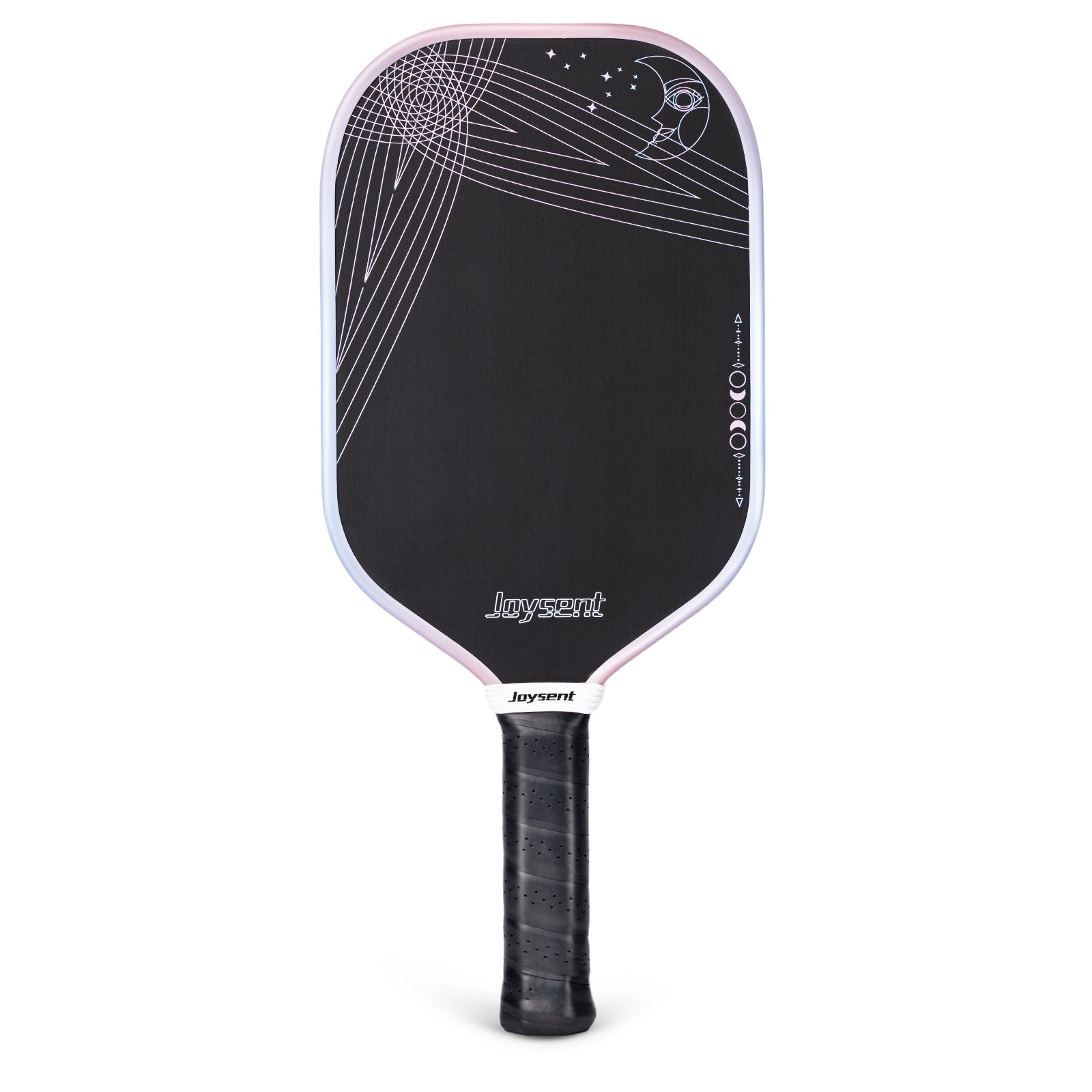 Pickleball paddle with black surface and white design on a white background
