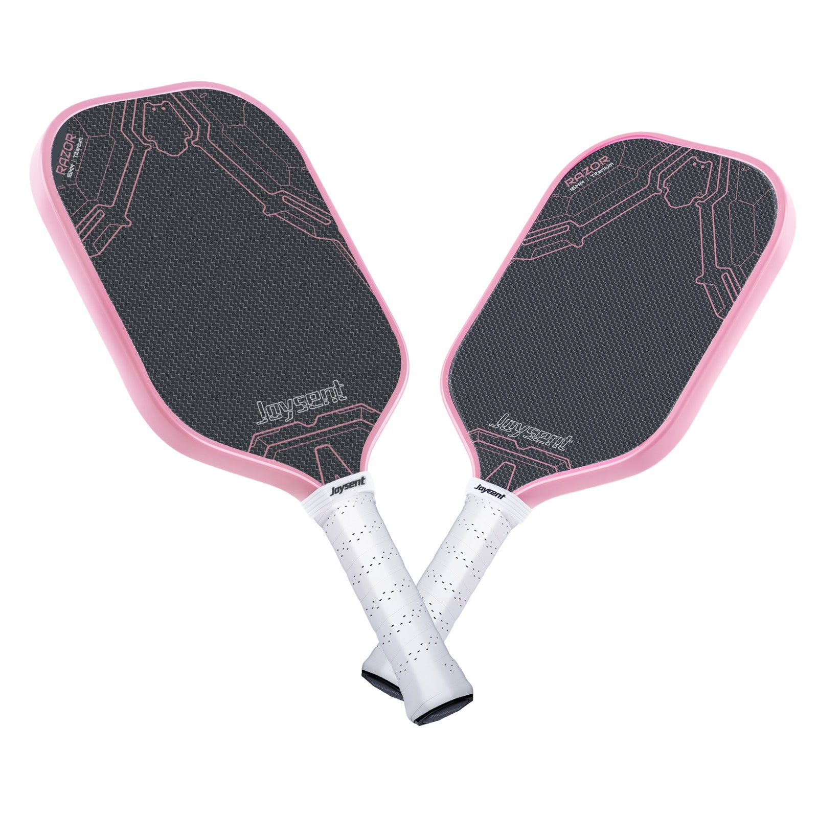Two pickleball paddles with pink and black design on a white background
