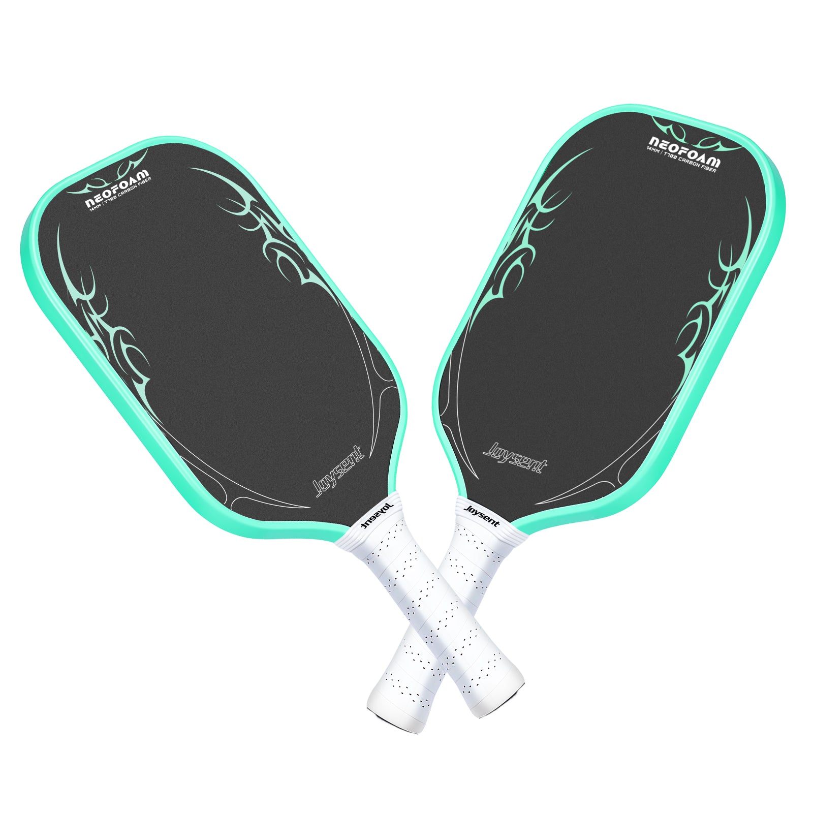 Two pickleball paddles with green edges and black centers on a white background
