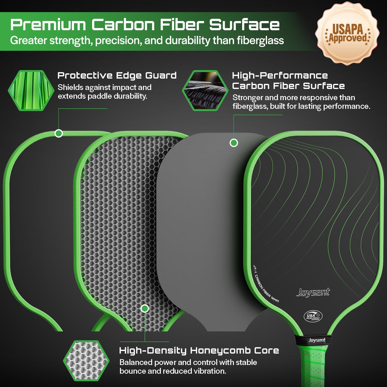 Arcus S1 T300 Carbon Fiber Pickleball Paddle Set 14mm Green