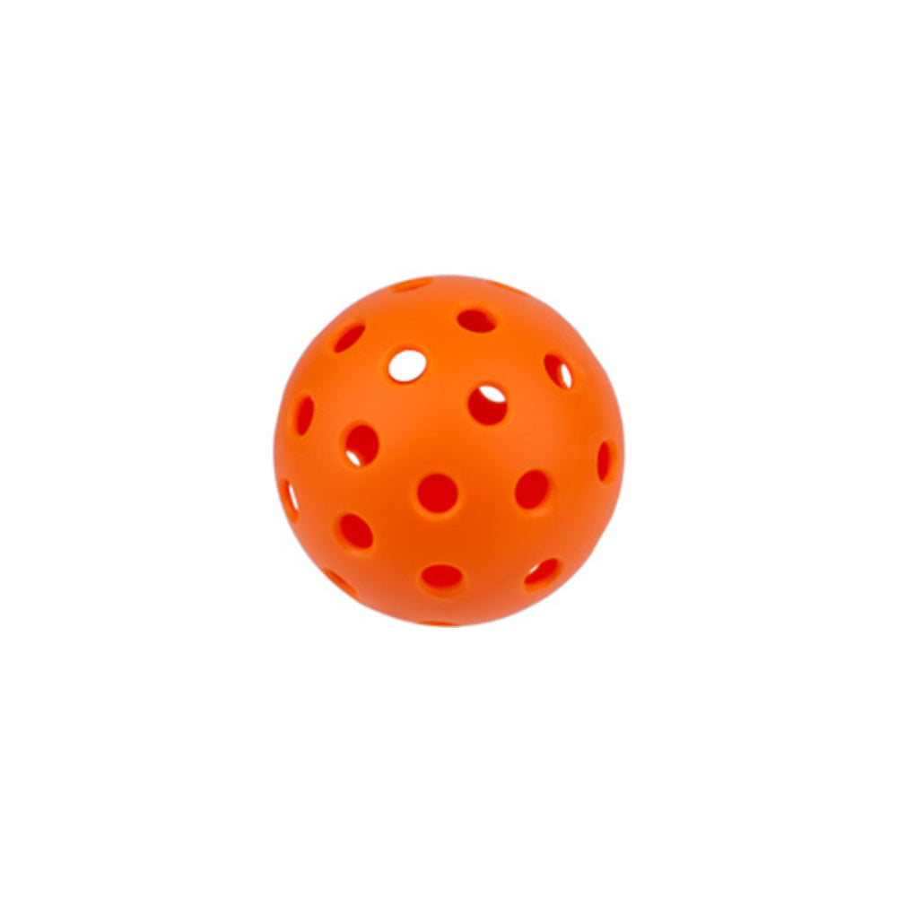 An orange perforated ball with multiple circular holes, shown on a plain white background.