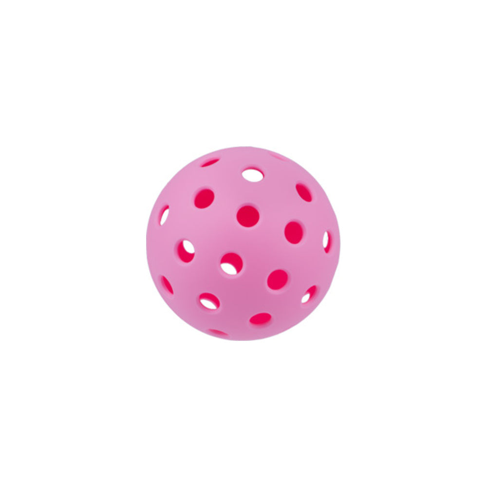 A pink perforated plastic ball with multiple circular holes, shown against a plain white background.