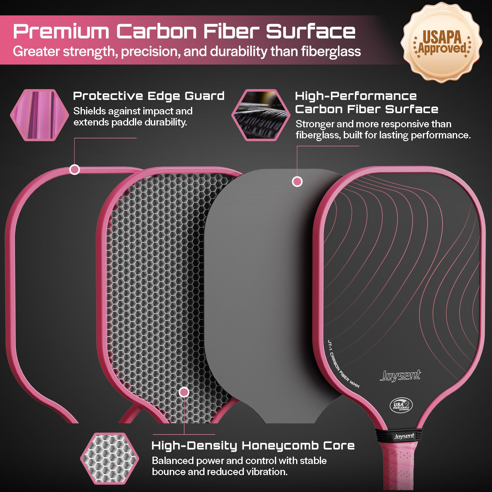 Arcus S1 T300 Carbon Fiber Pickleball Paddle 14mm Pink