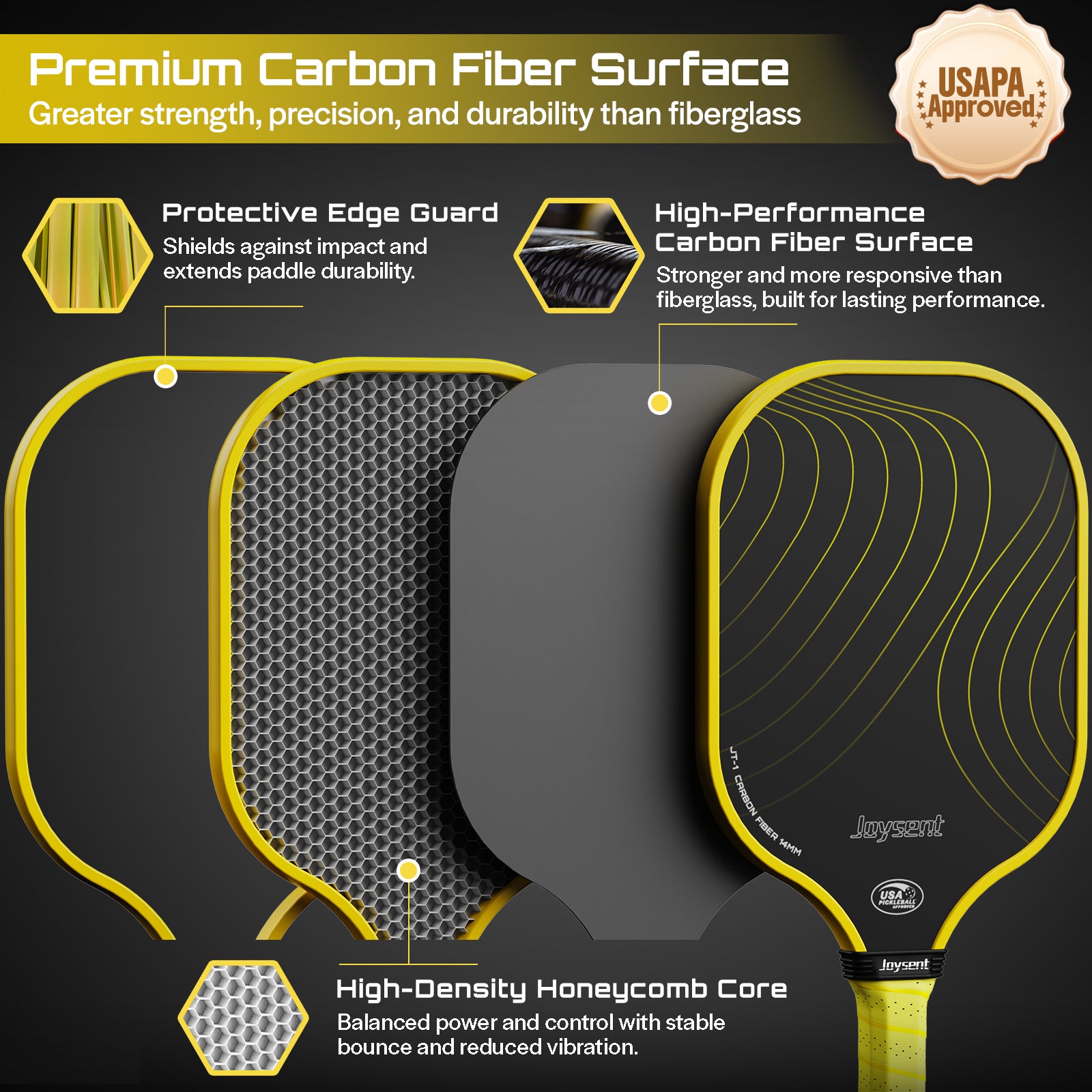 Arcus S1 T300 Carbon Fiber Pickleball Paddle 14mm Yellow